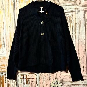 Free People Women’s  Black Ribbed Button-Neck Pullover Sweater
